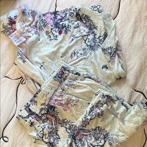 Floral Printed Pajama Set in Pale Mint with Pink & Navy